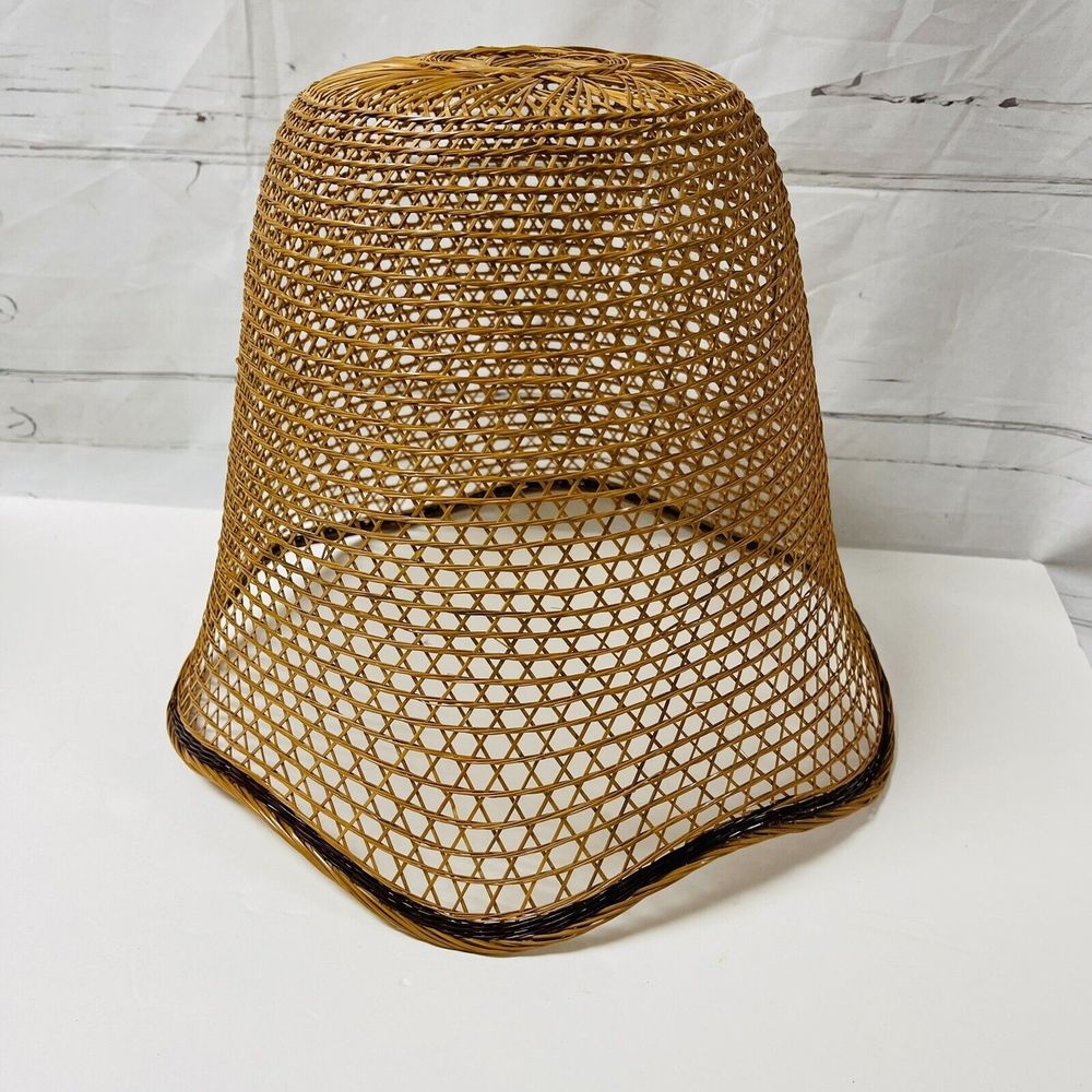 Wicker Basket Hanging Pendant Lamp Shade Round Tulip Shape Cottage Core Boho MCM